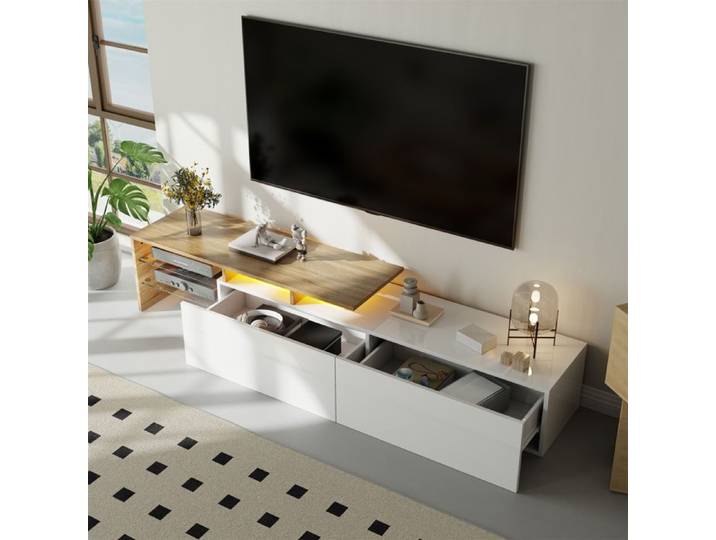 VLIVRA Meuble tv avec rangement - meuble tv bas blanc laqué led et étagères en verre 170x33x33 5 cm - blanc