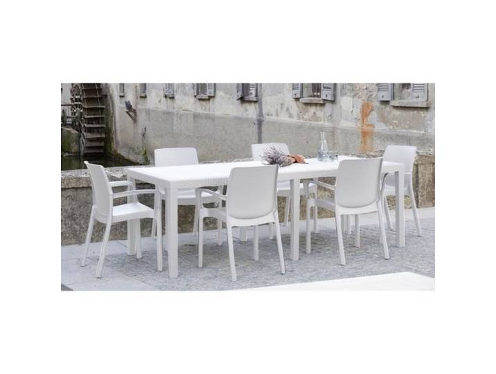 Dmora Table d'extérieur Roma Table à manger rectangulaire extensible Table de jardin extensible effet rotin 150x90h72 cm Blanc
