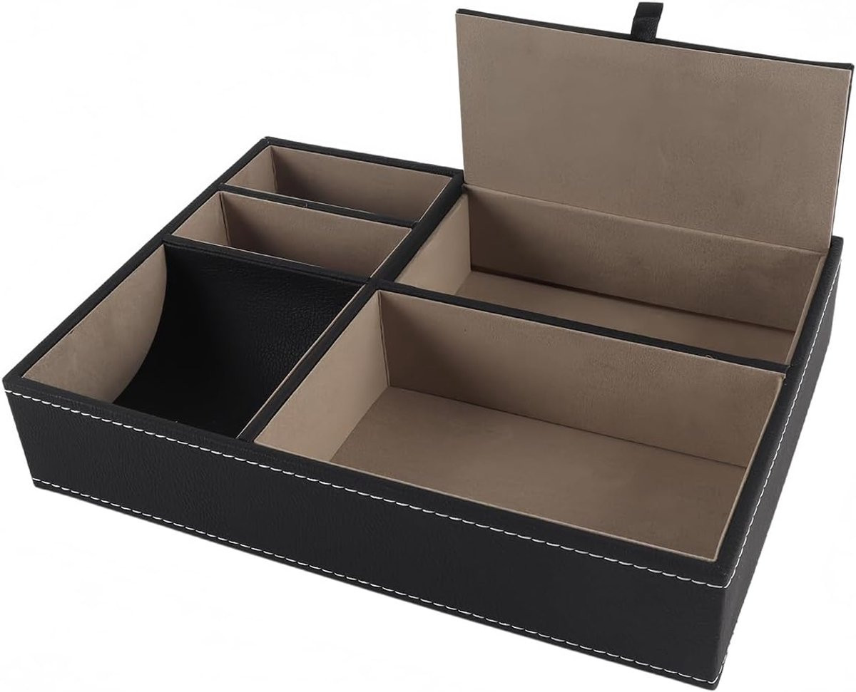 Zilveren PU-lederen desktop-opbergdoos met 5 rasters voor sieraden, portemonnee en accessoires