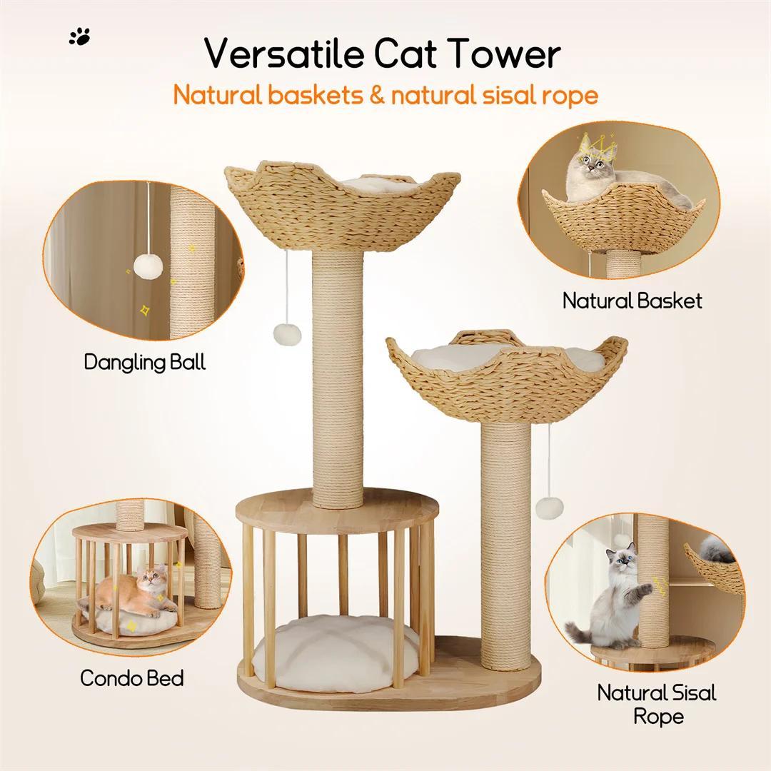 Katzenbaum - 3-stöckiger Kratzbaum - Weiche Kuschelkörbe - Sisal-Kratzstämme - 60x40x99 cm - Indoor Aktivitätscenter - Naturholz Weiß
