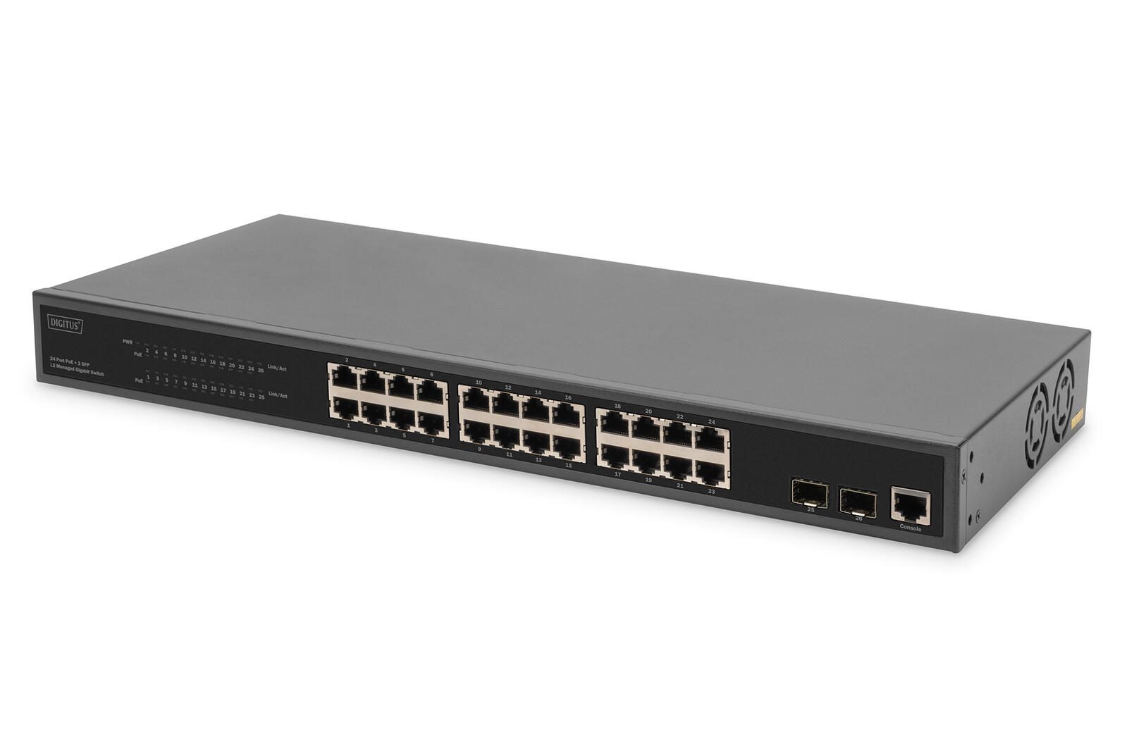 Digitus 24-Port Gigabit PoE Netzwerkswitch,19 Zoll, L2 managed, 2 Uplink Ports, SFP, 430 W, af/at DN-95359