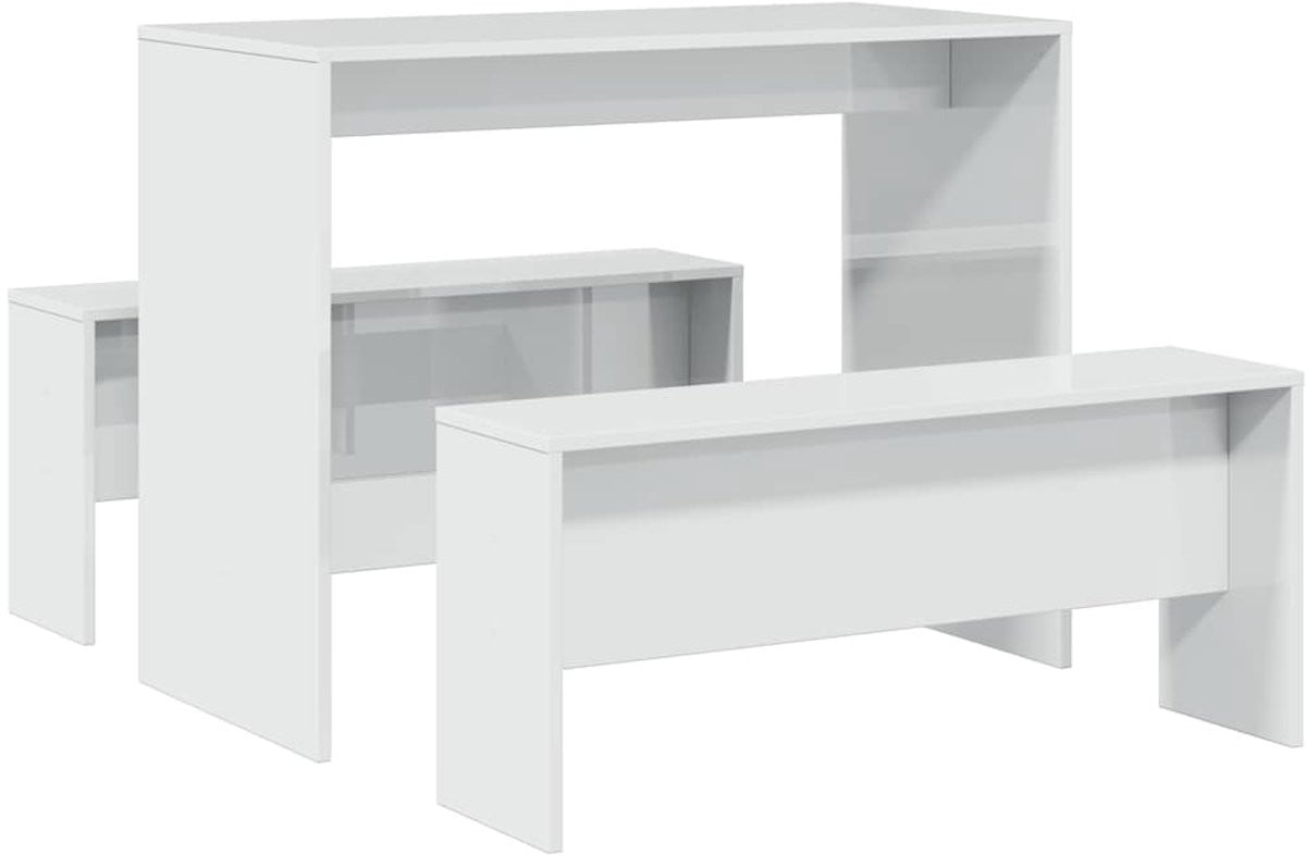 vidaXL 3-delige eettafel en bankenset van bewerkt hout in hoogglans wit