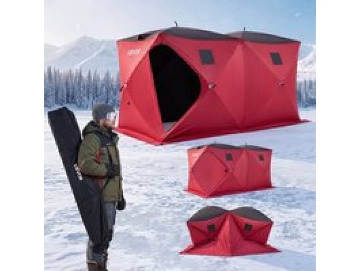 VEVOR Eisangelzelt Eisfischerzelt für 6-8 Personen 3,6x1,8x2m Eisschutzzelt, Angelzelt für Winterfischen, 6,27 m² Fläche, 300D Oxford-Gewebe, Hub-Style-Zelt mit Ankern, Seile, Tragetasche, Rot/Schwarz
