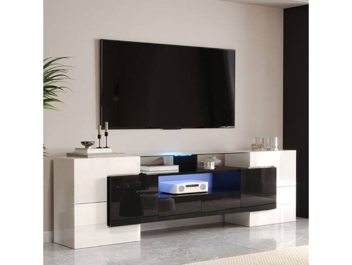 Meuble TV élégant panneau bas brillant 200 cm éclairage LED mobilier de salon Surface en verre élégante