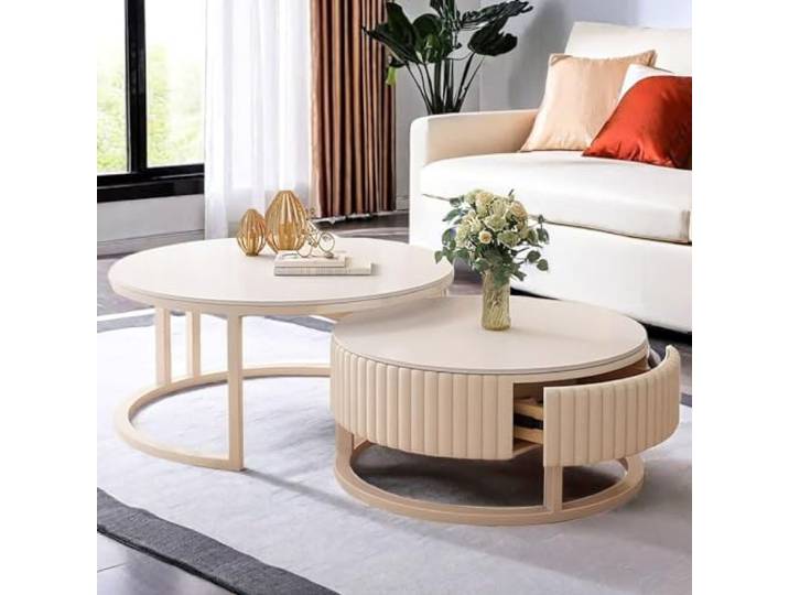 HRXQ Couchtisch 2er Set Rund Wohnzimmertisch Beistelltisch WeiB Sofatisch Mit Stauraum, 50cm+70cm Runder Couchtisch Für Schlafzimmer Wohnzimmer