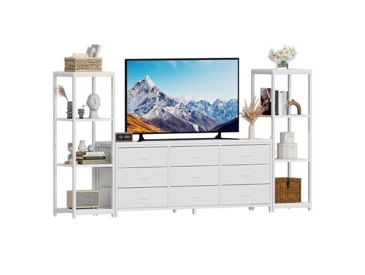 Meuble TV industriel moderne – Meuble multimédia avec 9 tiroirs en tissu – Étagères de rangement – Console multimédia – Blanc