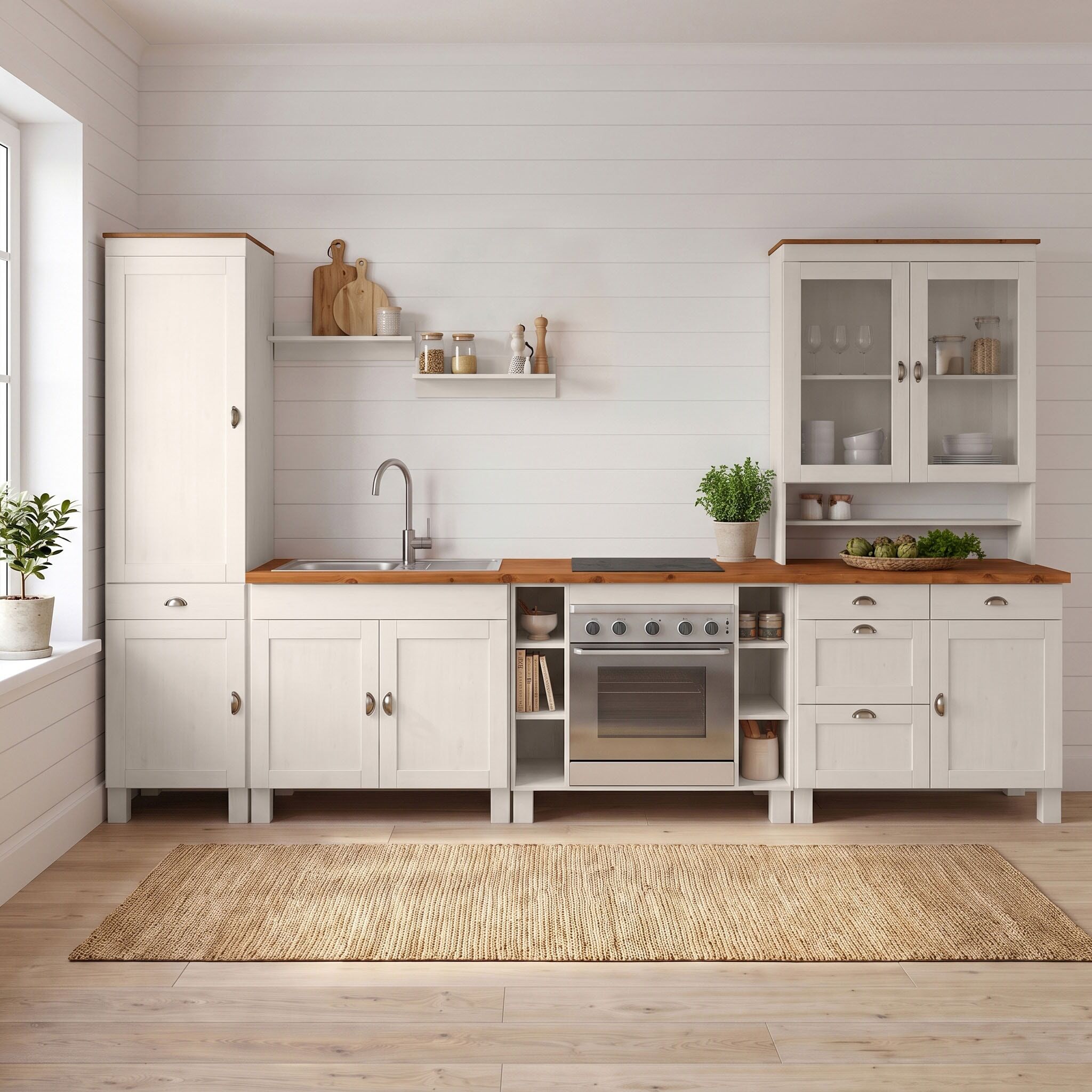 Küchenzeile HOME AFFAIRE "Oslo", weiss (küche: weiß, korpus: weiß, arbeitsplatte: honigfarben), B:350cm T:60cm, Komplettküchen-Sets, Küchenzeile, Breite 350 cm, Arbeitsplatte 35mm stark, ohne E-Geräte küche: weiß, korpus: weiß, arbeitsplatte: honigfarben 