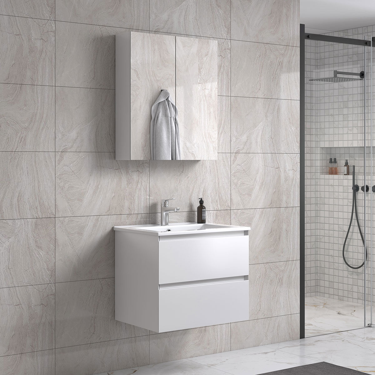 Noradesign 60 Cm Badeværelsesmøbel M/hvid Håndvask Og Spejlskap