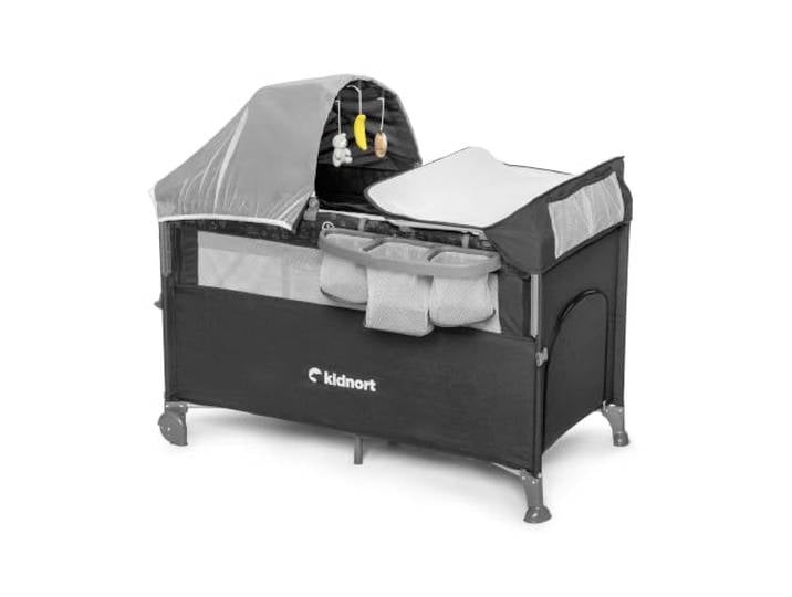 kidnort Stugan Premium Beistellbett Reisebett Baby mit Matratze faltbares Kinderbett Babybett 2in1 mit Rollen Tragetasche Seiteneinstieg Netzseiten und Verstellbarer Höhe Dunkelgrau