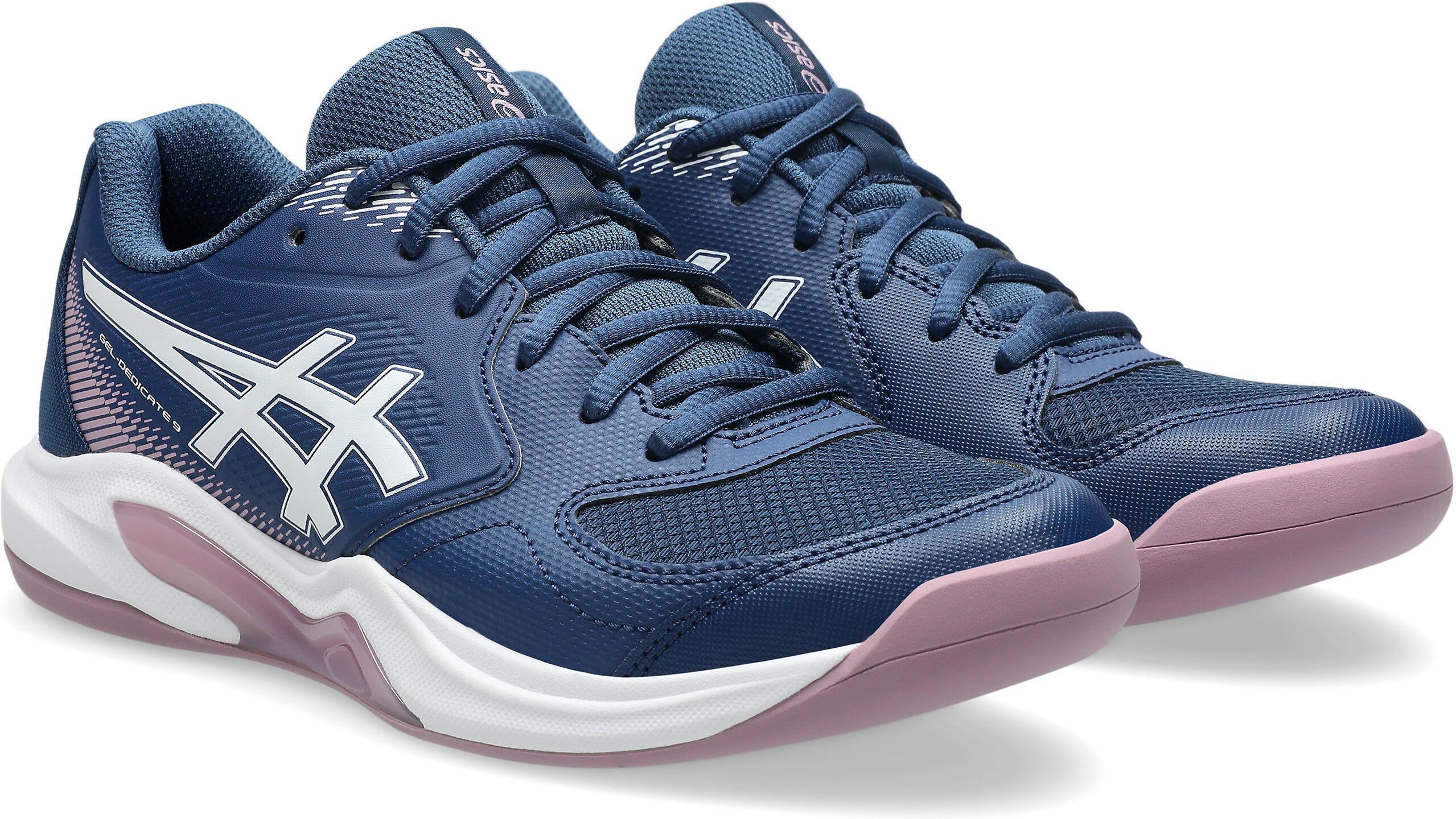Tennisschuh ASICS "GEL-DEDICATE 9 INDOOR", Damen, Gr. 38, blau (independence blau, weiß), Synthetik, Schuhe Tennisschuh, für Teppichböden independence blau, weiß 38
