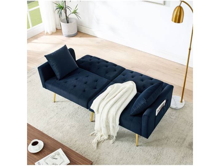 ROVRYN Canape convertible 2 places velours bleu dossier reglable 3 positions 2 coussins pieds metal dores