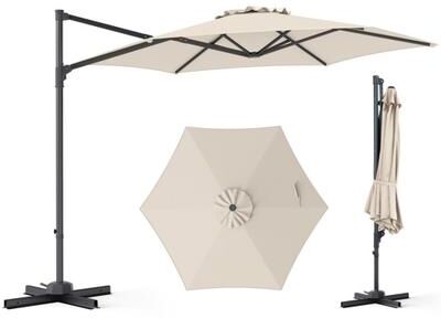Costway 10 FT Patio Cantilever Umbrella with 360° Rotation and Air Vent for Backyard and Poolside-Beige