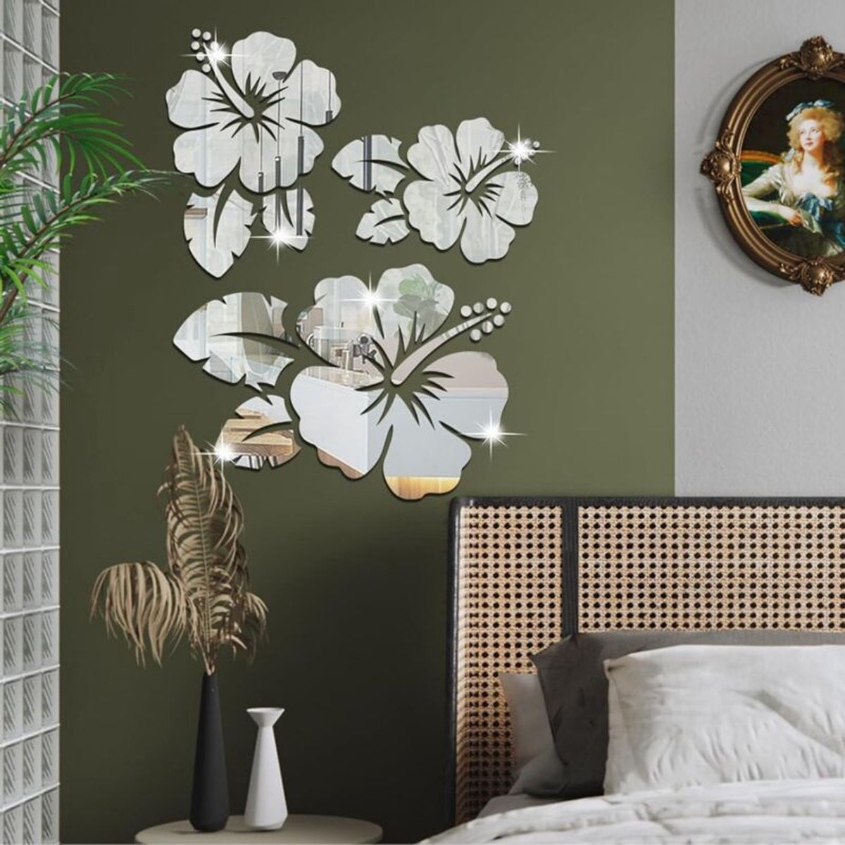 Zilverkleurige bloemenmotief verwijderbare spiegelmuurstickers voor woondecoratie