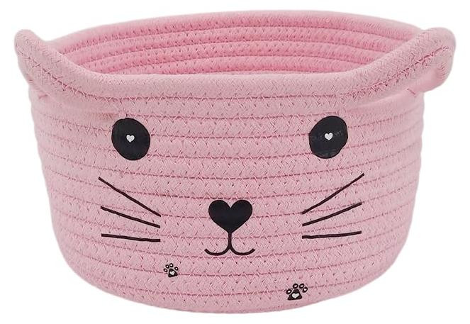 Dripio Opbergmand van katoenen touw met kattenoren, roze, 21 x 12 cm