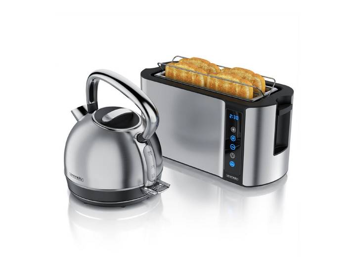 Arendo Frühstücks-Set Edelstahl Wasserkocher 1,7l, 4-Scheiben Langschlitz Toaster, silber (2-tlg), Wasserkocher Temperatureinstellung, Toaster Brötchenaufsatz, Touch