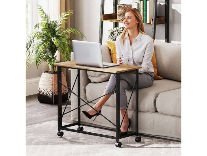 JOINERY bureau informatique pliable gain de place 80 cm avec roulettes aspect chêne structure acier MDF compact home office