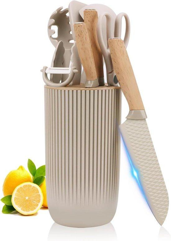 Set van 6 roestvrijstalen keukenmessen in beige met 4-delige siliconen accessoires en messenblok
