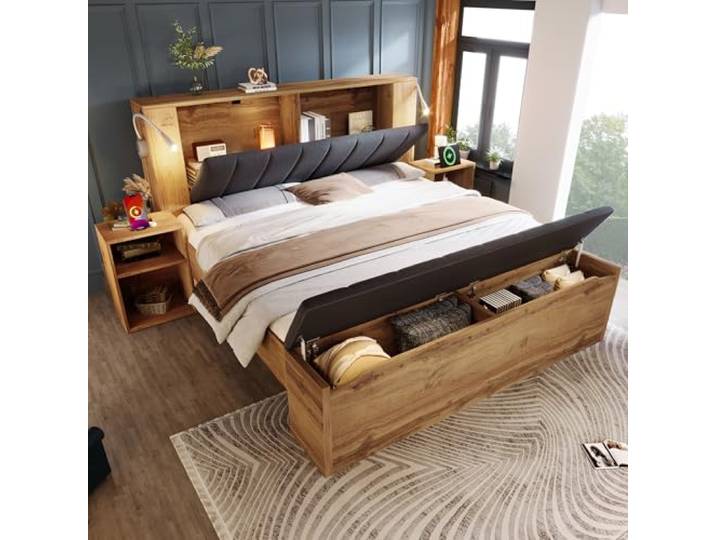 Merax Holzbett 180x200cm mit Leselampen & USB, Doppelbett mit 2 Nachttische, Bettbank, Kopfteil mit Stauraum, Multifunktional Stauraumbett mit Metall-Lattenrost, Jugendbett, ohne Matratze, Eichenoptik