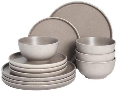 Gibson Elite 12 Piece (Service for 4) Eden Rock Reactive Glaze Round Dishes Stoneware Dinnerware Set - Matte Brown
