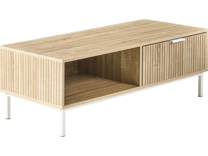 BELIANI Couchtisch Hellbraunes MDF Metallbeine 110 x 50 cm Skandinavischer Stil Schublade Regal Aufbewahrung Wohnzimmer