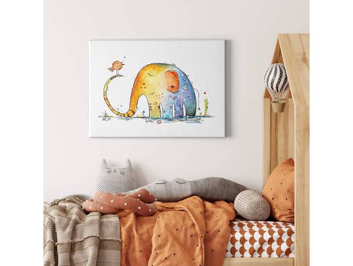 Impression sur toile Éléphant et oiseau Polyester PVC / Épicéa Bleu 70 x 50cm
