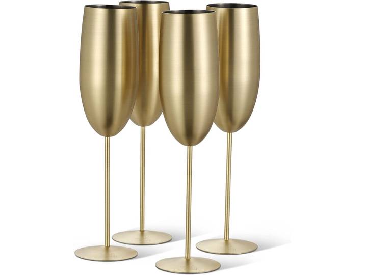 Oak & Steel – 4 Roestvrijstalen Champagneglazen met Geschenkdoos - RVS - (Mat Goud\, 285ml) - Elegant\, Stevig en Onbreekbaar