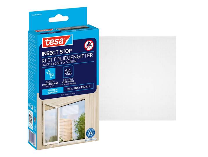 Fliegengitter-Gewebe TESA Klett Fliegengitter für Fenster - Insektenschutz , weiß (rahmen: weiß gewebe: weiß), B:110cm H:130cm, Insektenschutzgitter, Fliegengitter-Gewebe, Fliegen Netz - 110 cm x 130 cm