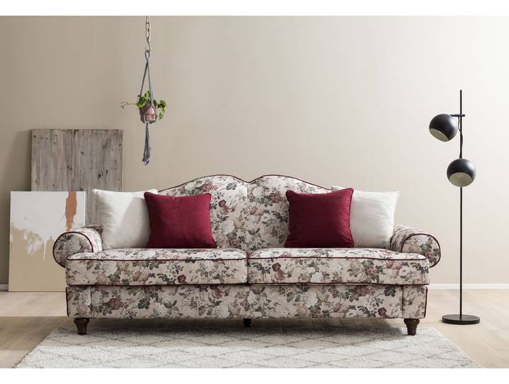 3,5-Sitzer HOME AFFAIRE Lucienne , bunt (amber paradise), B:228cm H:96cm T:90cm, 100% PES, Sofas, 3 5-Sitzer, mit 4 Zierkissen, mit gedrechselten Füssen aus Holz