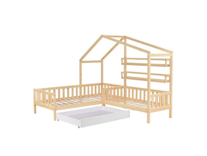 Odikalo Kinderbett Doppelbett Hausbett Schubladen Regalen Natur (90x200 cm+140x70cm)