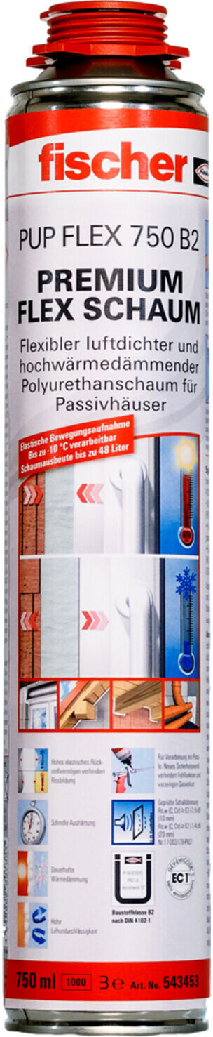 fischer PUP FLEX 750 B2 Premium Flex Schaum für Abdichtung und Dämmung mit Polyurethan-Schaum und Dosierpistole, Inhalt 750 ml, Brandschutzklasse B2, 543453)