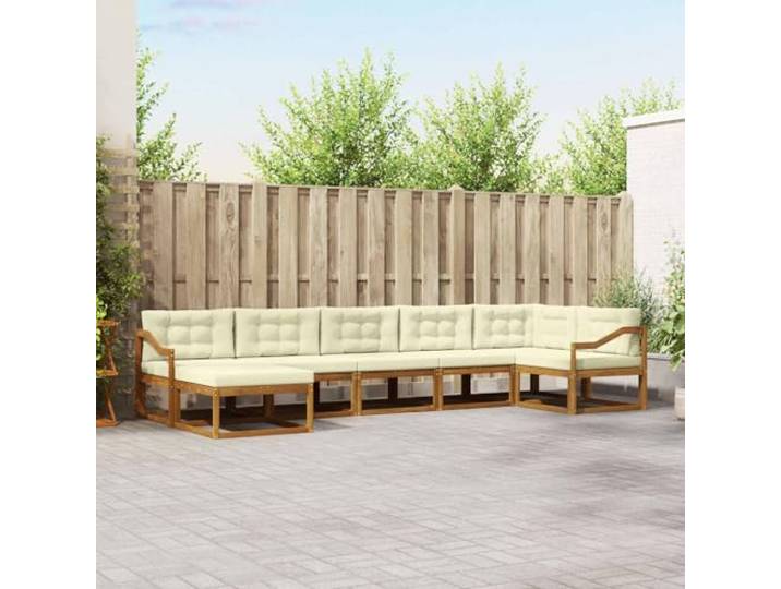 RJPLMFV Außensofa-Set, 7-teilig, Akazie, Natur Massivholz, Lattenrahmen, bequeme Armlehnen, modulares Design, einfache Reinigung
