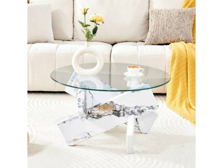 Norevia Table Basse Ronde 79 cm Verre Trempé Effet Marbre Blanc Table de Salon Moderne