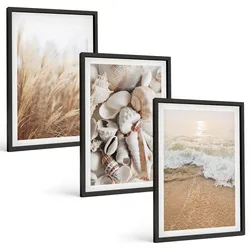 BILDER SET 3er Set - 40x60 cm Schwarzer Rahmen - Strandmotive, Muscheln, Wellen