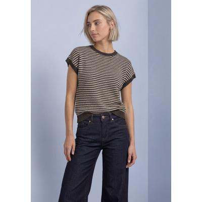 Pullunder STREET ONE, Damen, Gr. 44, braun (schwarz coffee), Web, 70% Baumwolle, 30% Polyester, gestreift, comfort fit normal, Rundhals, Rippbündchen, Pullover Pullunder, mit Rundhalsausschnitt