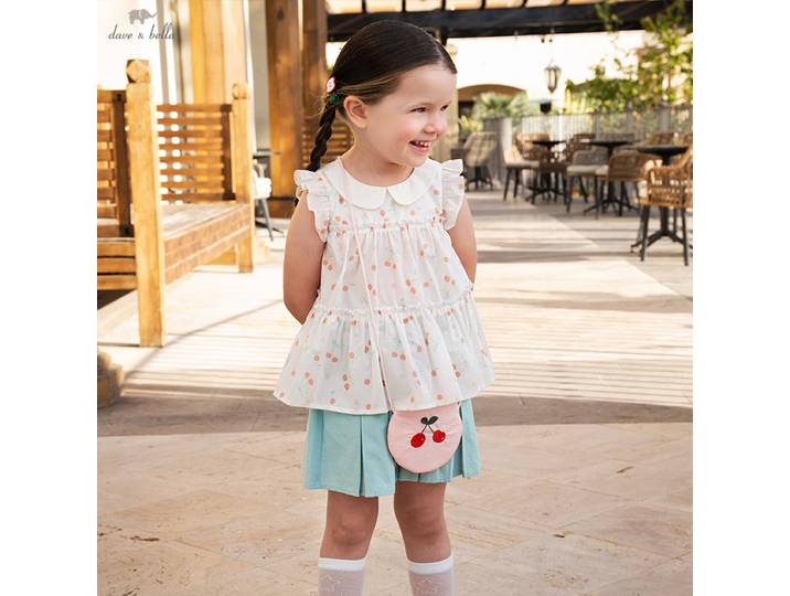 Dave Bella enfants doux mignon cerise imprimé costume filles bébé été décontracté haut en coton deux pièces extérieur bord de mer fête DB 2252294