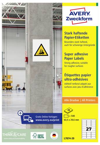 Avery-Zweckform L7874-20 Kraftkleber-Etiketten 63.5 x 29.6mm Papier Weiß 540 St. Permanent haftend, Stark haftend