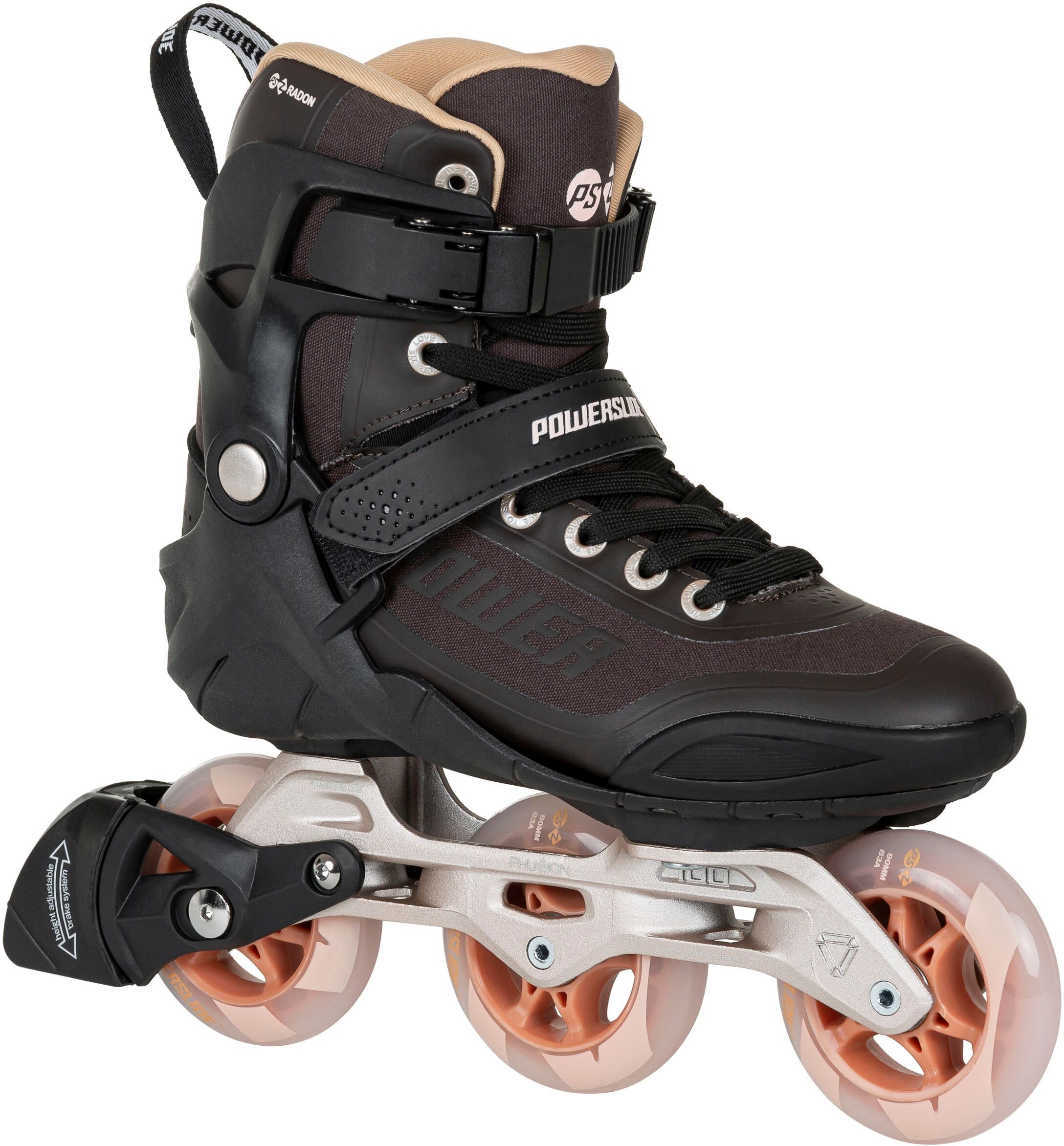 Inlineskates POWERSLIDE "Phuzion Radon Bronze 90" Gr. 39, schwarz (schwarz, braun, bronzefarben), Inlineskates_Rollschuhe, 39 (bis 100 kg), Kunstfaser, Inlineskates