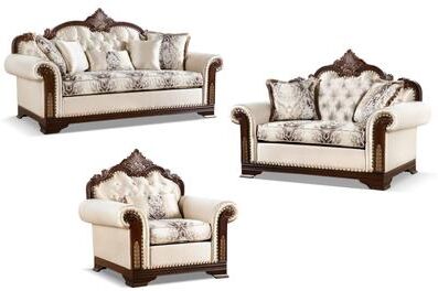 Furniture of America Mirabella Traditional 3-Piece Beige Tufted Solid Wood Sofa Set with Accent Pillows