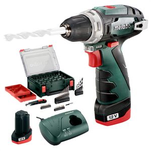 Metabo Akku-Bohrschrauber PowerMaxx BS BASIC SET, 12V / 2,0Ah, mit 2 Akkus, Zubehör-Set & Koffer