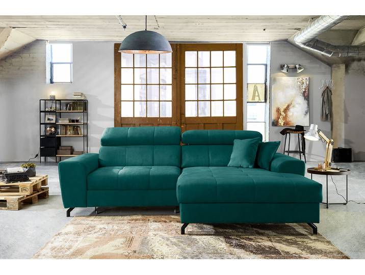 Ecksofa mit Schlaffunktion Blau/Grün Microfaser Salvo 267 x 105 x 181cm Schlaffunktion davorstehend links mit Schlaffunktion Modern