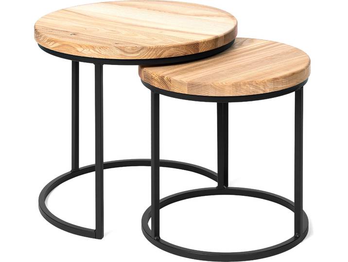 LAMO Manufaktur Table basse gigogne en bois rond - lot de 2 pièces - Table d'appoint bout de canapé pour salon\, chambre à coucher - Tables basses industrielles - Couleur : naturel\, pieds : noir