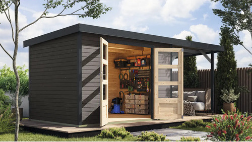 Gartenhaus Karibu Metalwood 4B Blech anthrazit inkl. Anbaudach 2,35 m 541,5 x 236,5 cm terragrau