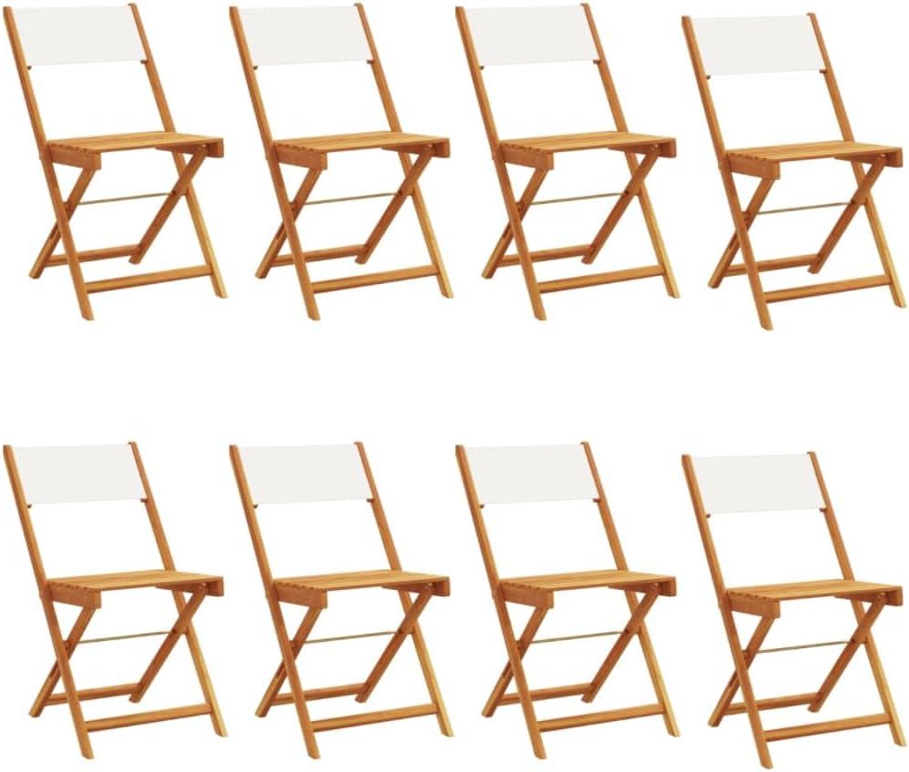 8er-Set klappbarer Gartenstühle aus massivem Akazienholz mit cremeweißem Stoff und Armlehnen, platzsparend aufzubewahren, belastbar bis 110 kg je Sitzplatz