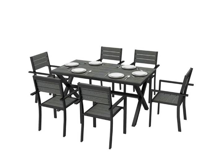 LIA Ensemble salle manger extérieur 7 pièces 6 personnes table chaises empilables effet bois alu gris