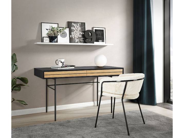 Schreibtisch WOODMAN Stripe , braun (eiche, schwarz), B:130cm H:75cm T:60cm, Tische, Schreibtisch, Kombination von Metall & Holz, Breite 130 cm, FSC-zertifiziert