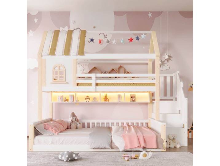 Lit superposé enfant - LEMONBEST - Design maison - 90x200+140x200 - LED intégrée - Rangements intégrés