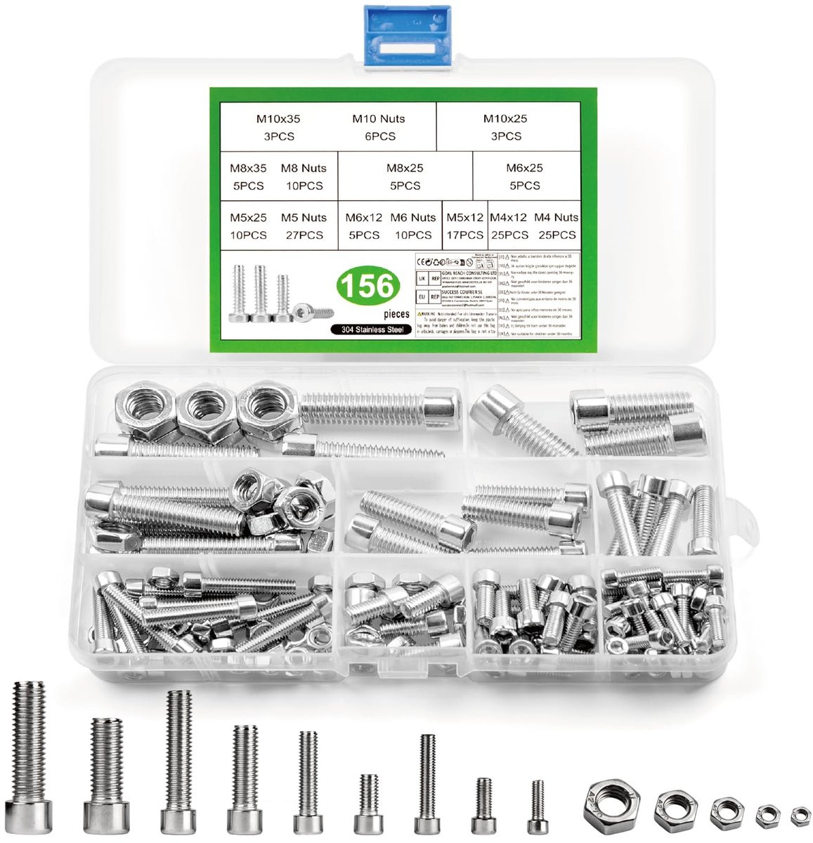 Schroevenset met 156 stuks roestvrijstalen cilinderschroeven en zeskantmoeren, assortiment M5 M6 M8 M10