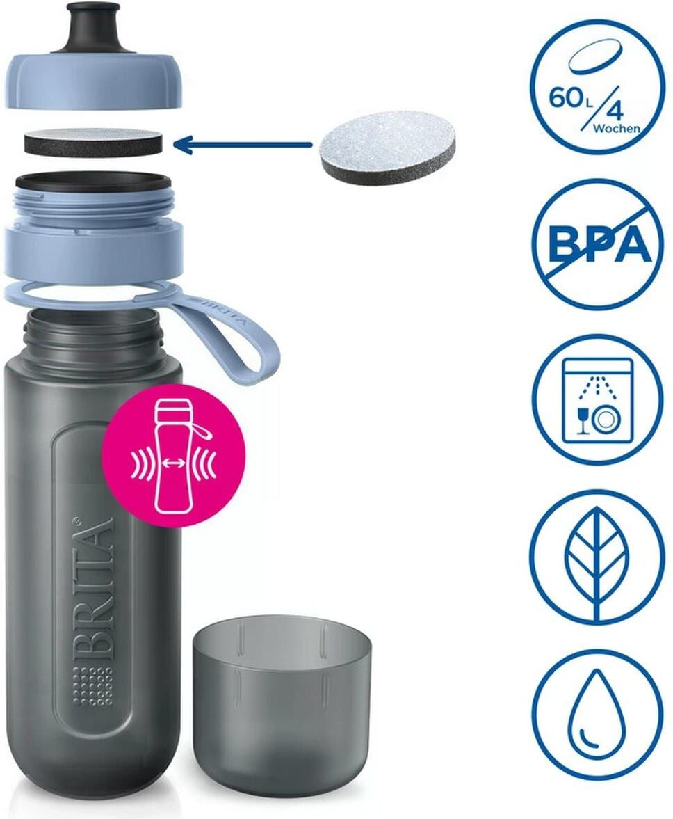 Wassersprudler Flasche BRITA "Active", blau (dunkelblau), B:7,5cm H:23,5cm T:7,5cm, Karaffen, Wassersprudler Flasche dunkelblau 600ml