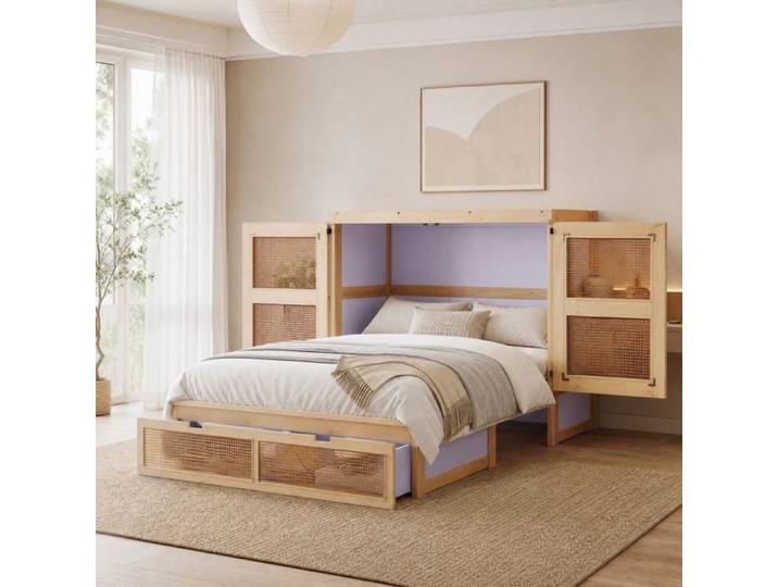 Lit escamotable - ZEVKOR - Lit armoire 140×200 cm - Sommier à lattes - Tiroirs intégrés - Décor cannage rotin