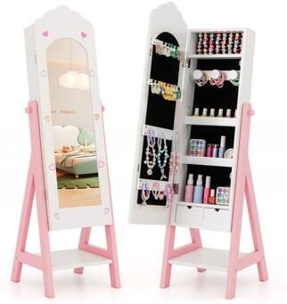 Costway Kids Jewelry Organizer with Full Length Mirror Drawers and Storage Shelves-White